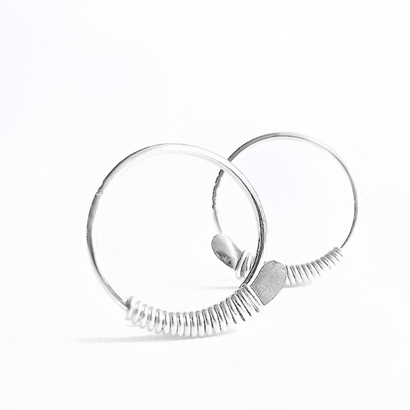 925 Sterling Silver Wire Wrapped Hammered Open Hoop Threader Earrings Small 1/2” - Picture 3 of 6